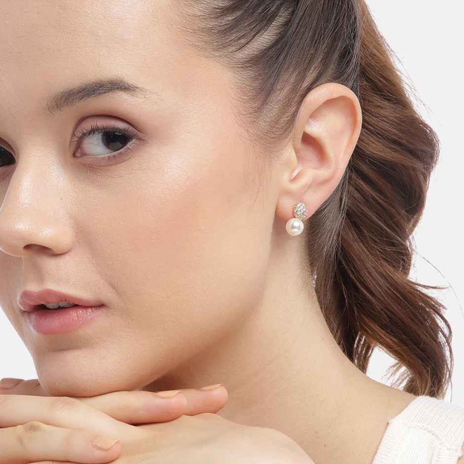 Carlton London 18kt Gold Plated with CZ Dangling Pearl Drop Earring | FJE4814