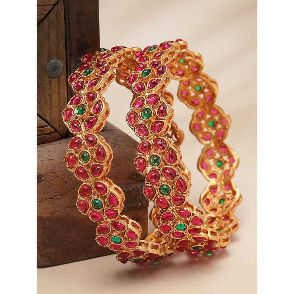 Sukkhi Floral Gold Plated Red And Green Broad Bracelets Bangle Set Jewellery for Women - 2.8