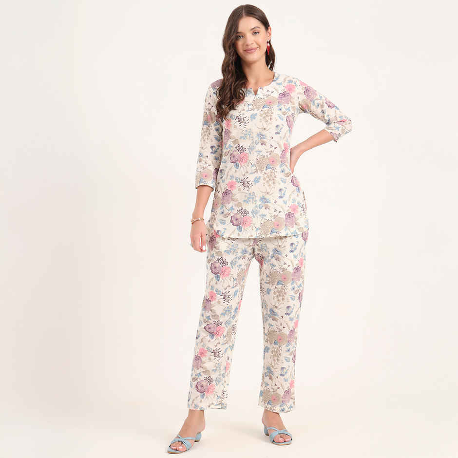 Divena Women's Cotton Floral Printed Night Suits | DK0292 | Cream - M