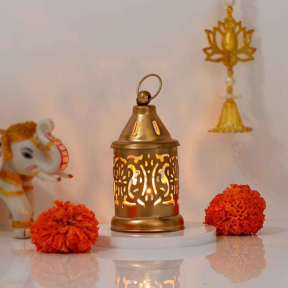 Temple Shaped Tea Light Holder with Candle | Iron | Gold | IGP