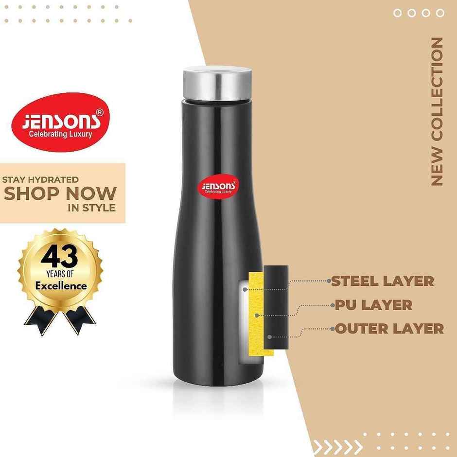 Jensons Stainless Steel Flora Water Bottle 1 Litre | Leak Proof | Black