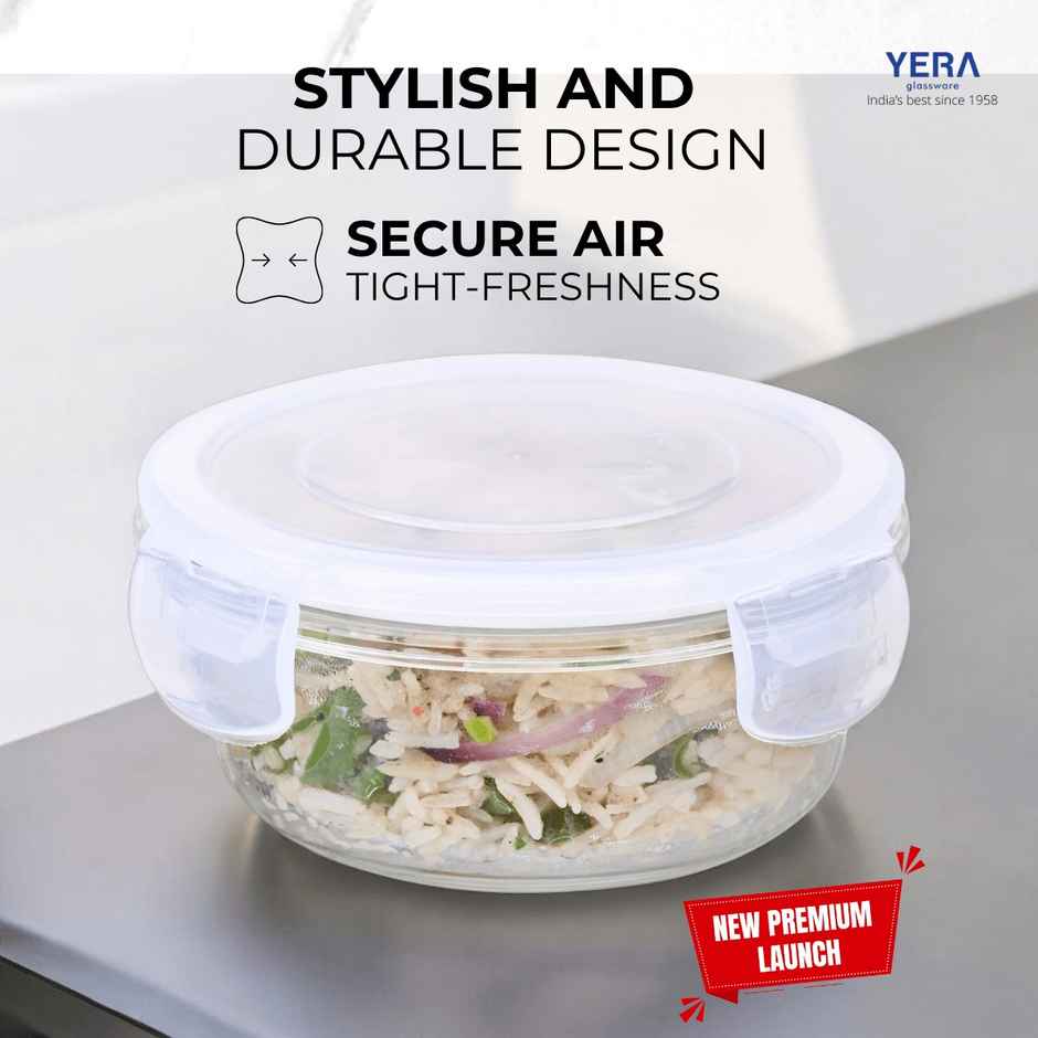 YERA GLASSWARE Lunch Lock | Tiffn Box with Clip Lock Lid - 370 ml