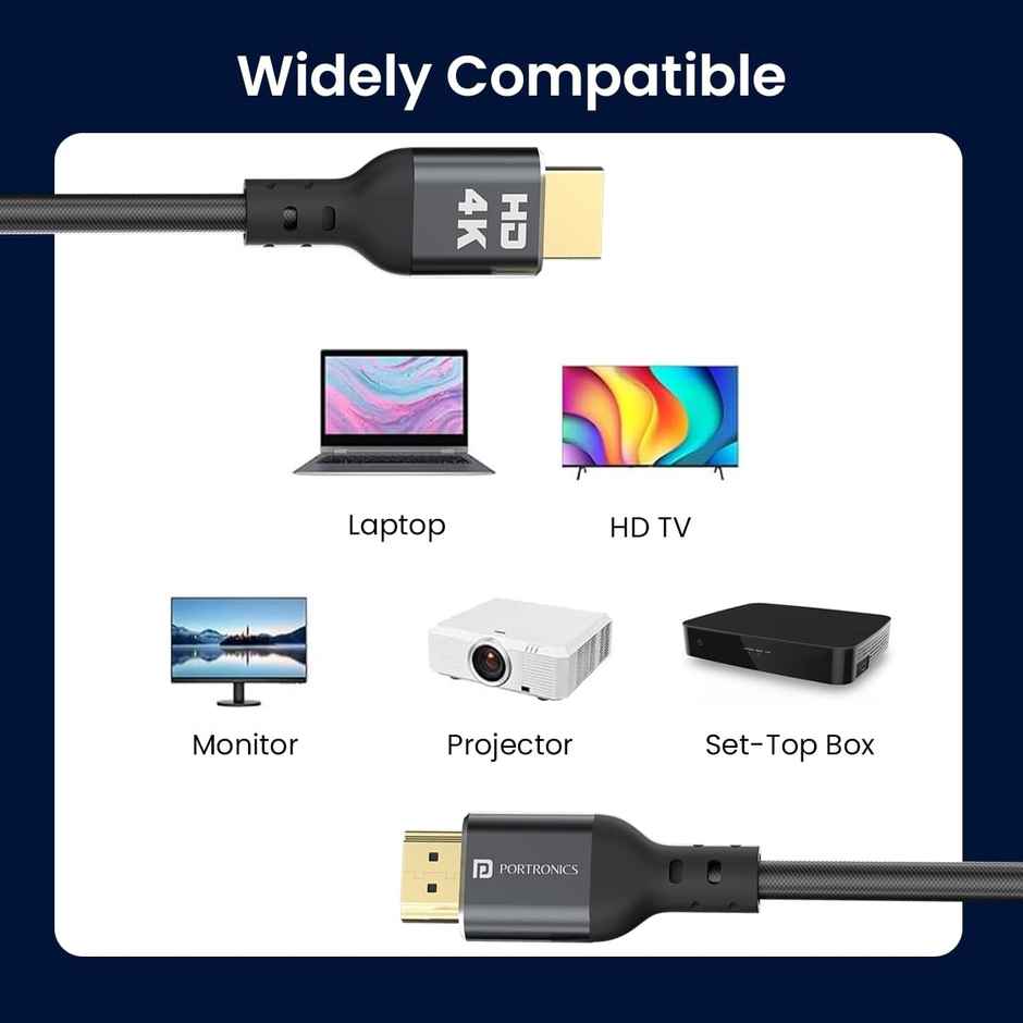 Portronics Konnect Stream 4K at 60Hz HDMI to HDMI Cable | Flexible Premium 3M Length - Grey