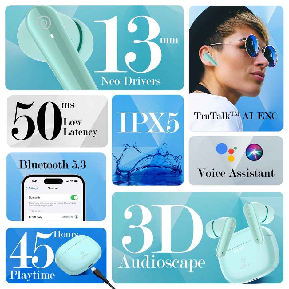 pTron Bassbuds Prism TWS Earbuds With 45 Hrs Playtime | Trutalk Ai-ENC Calls | Pristine Sound - Mint Julep