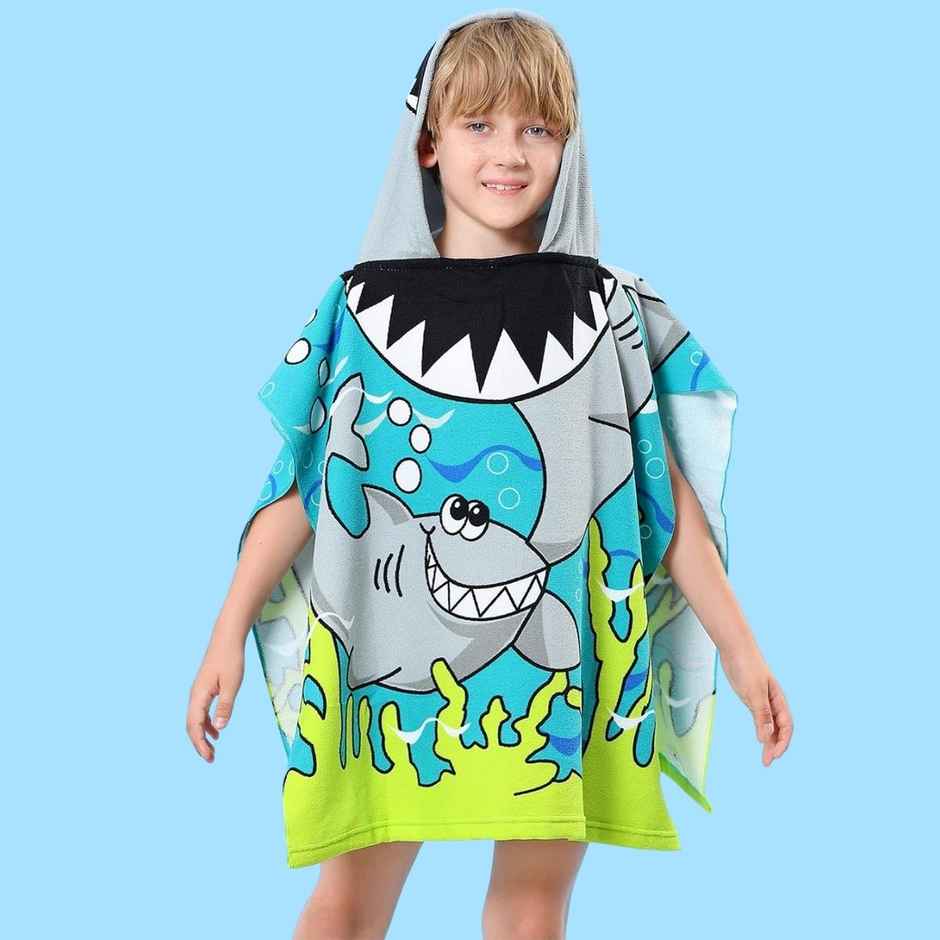 Famyo Hooded Poncho Towel, Cute Shark Design for Kids - 1 to 7 Years, 60 x 60 cm