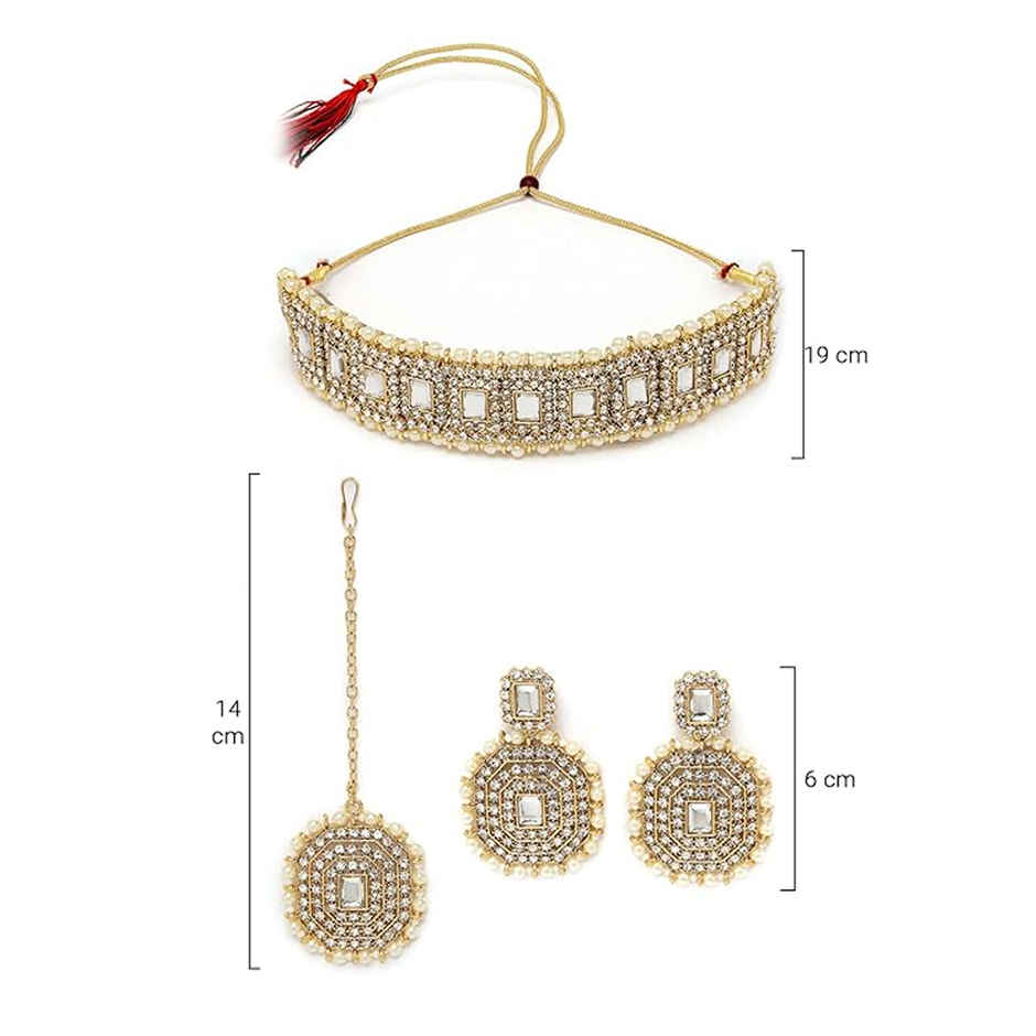 Sukkhi Decent Gold Plated White Kundan & Beads Studded Collar Necklace Set
