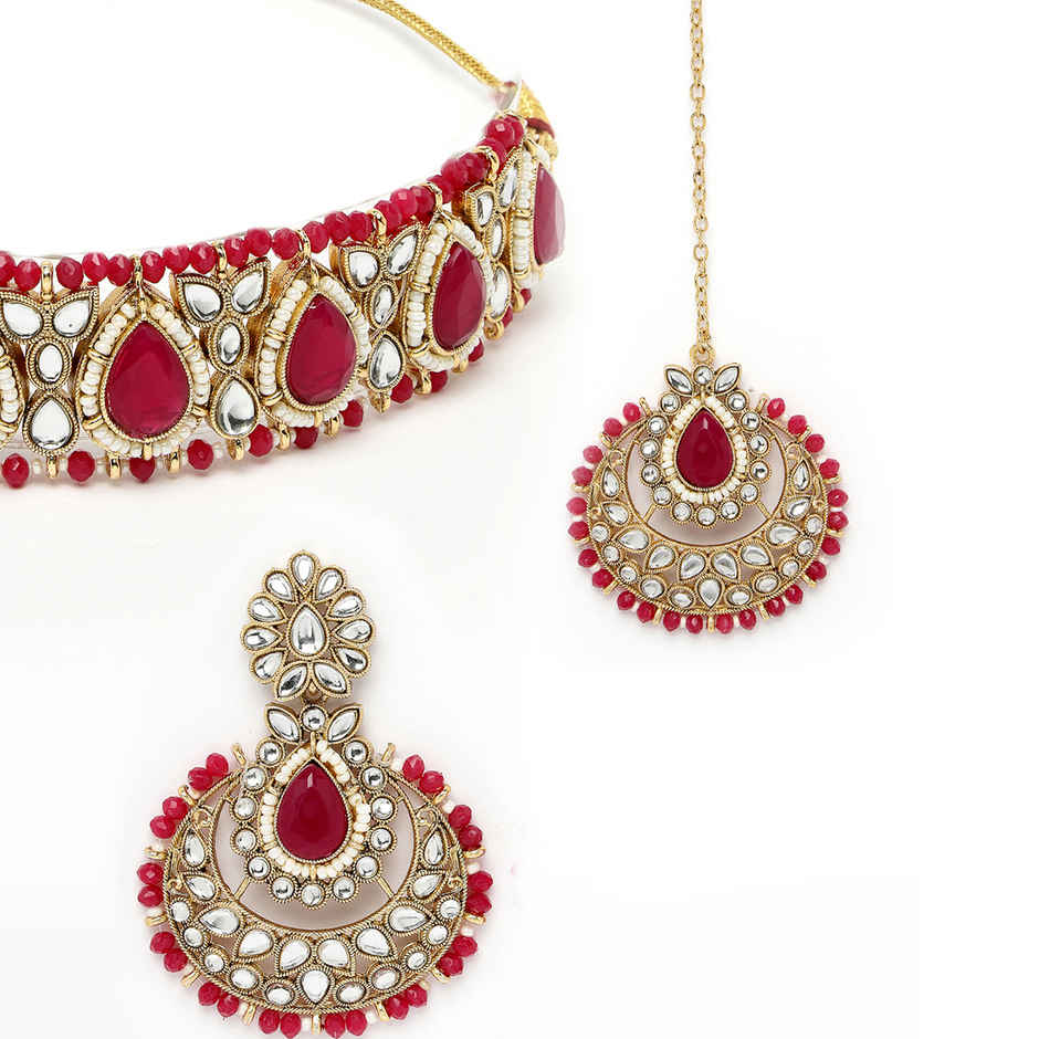 Sukkhi Radiant Gold Plated Rani Pink Kundan & Beads Studded Choker Necklace Set