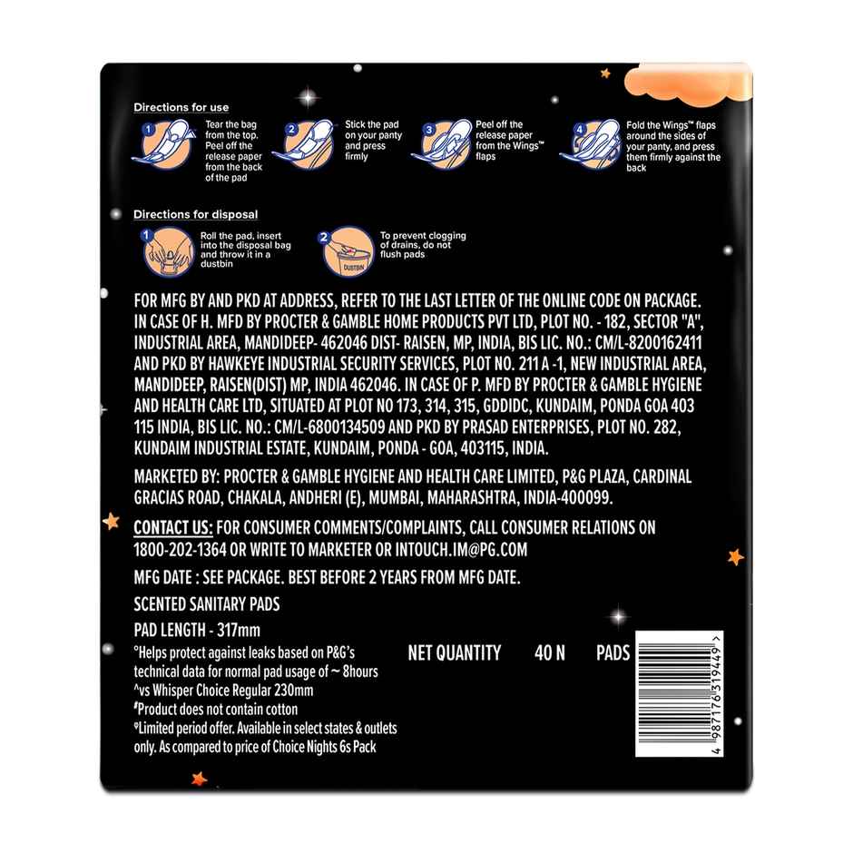 Whisper Choice Nights, 40 XXL Pads, with 4x Back Coverage