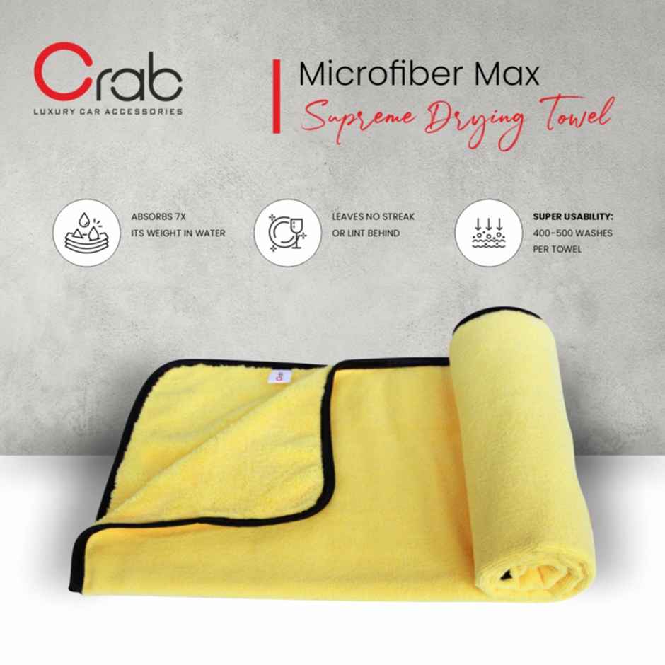 Crab Supreme Drying Towel | 22 x 36 inch | 370 GSM | Ultra-Absorbent, Streak-Free Car Drying Towel