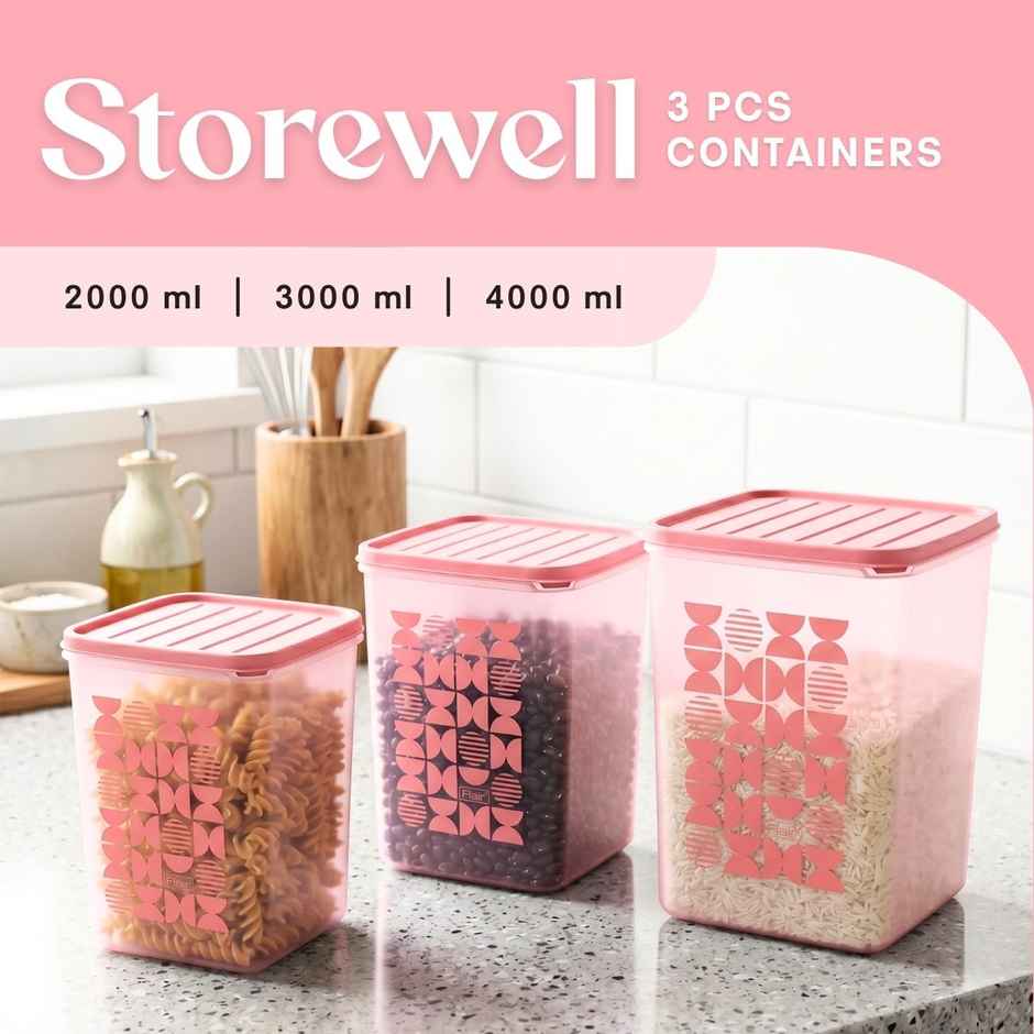 FLAIR Plastic Storewell Square Containers Set | Pink - 2 L , 3L & 4 L