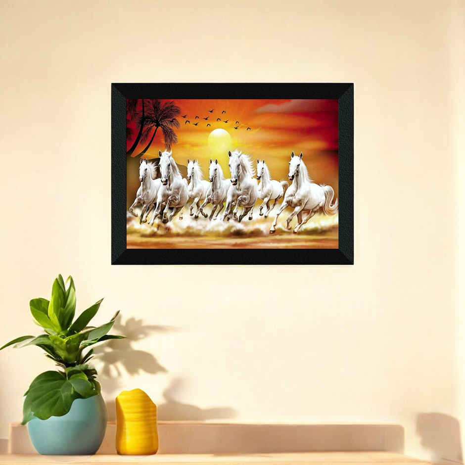 Saf 7 Running Horses Vastu Uv Textured Digital Reprint 14 Inch X 11 Inch Painting (With Frame)