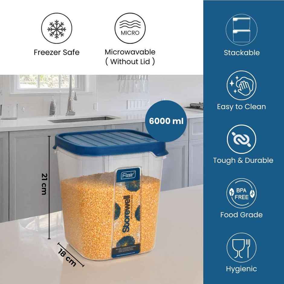 Flair Plastic Storewell Food Storage Containers 6000 ml (Blue), Food Grade, Bpa Free, Spices Grains
