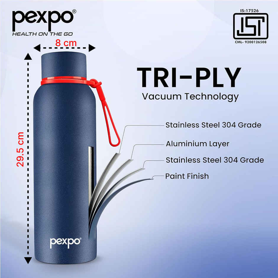 Pexpo Stainless Steel Bravo Hot & Cold Isi Certified Flask | Denim Blue | 1 L