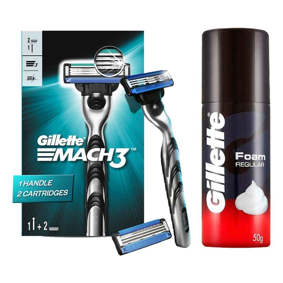 Gillette Regular Pre Shave Foam (50g) & Gillette Mach3 Menâ€™S Razor With 2 Cartridges (1pc) Combo
