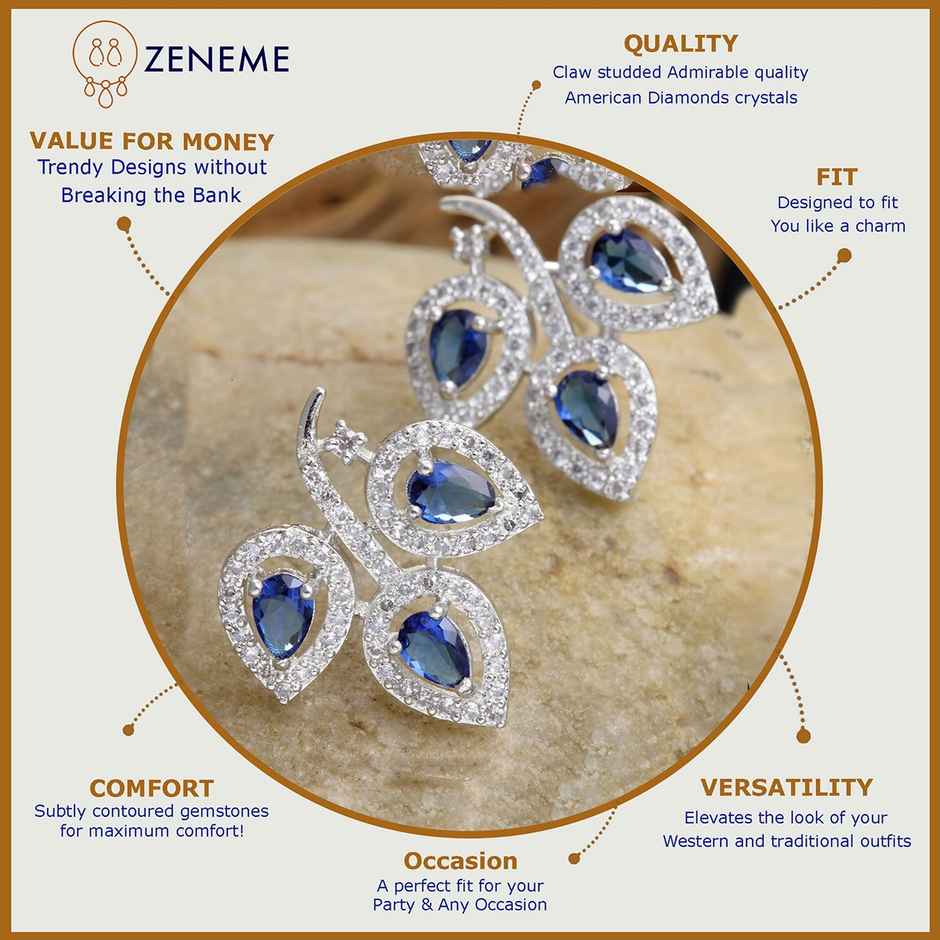 Zeneme Leaf Shaped Rhodium Plated American Diamond Stud Earring For Women & Girls