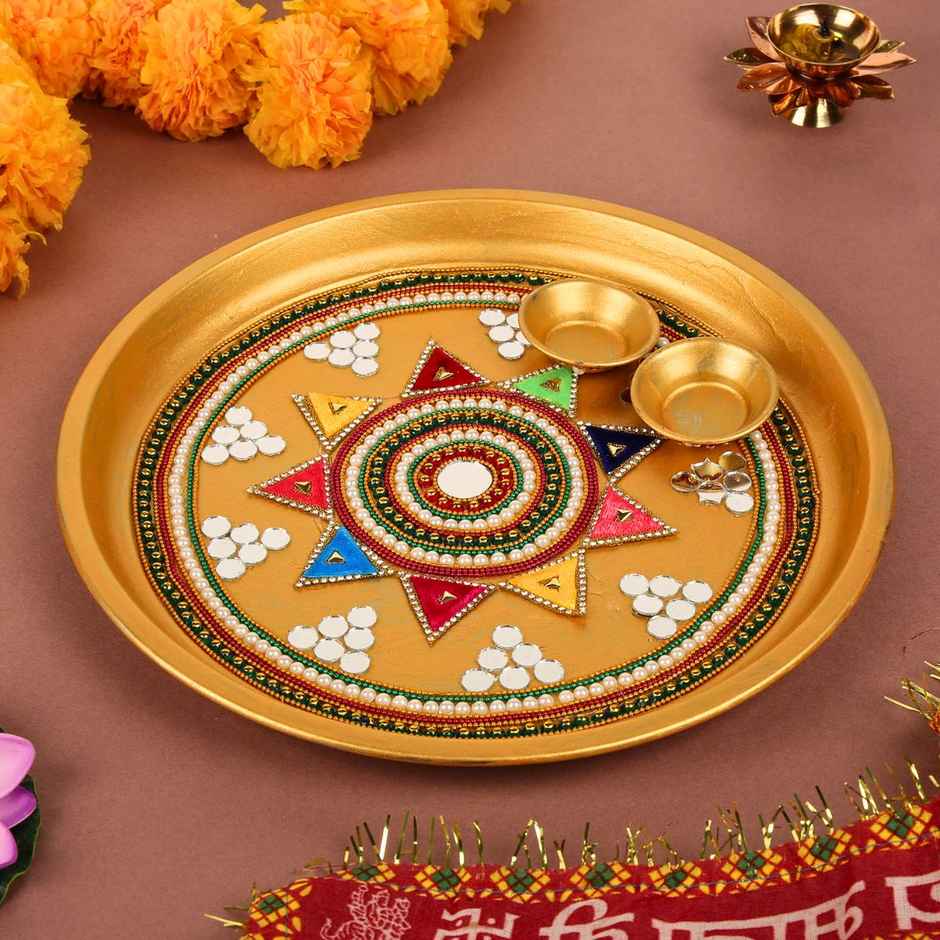 Pichai Decorative Golden Pooja Thali - 11 Inches