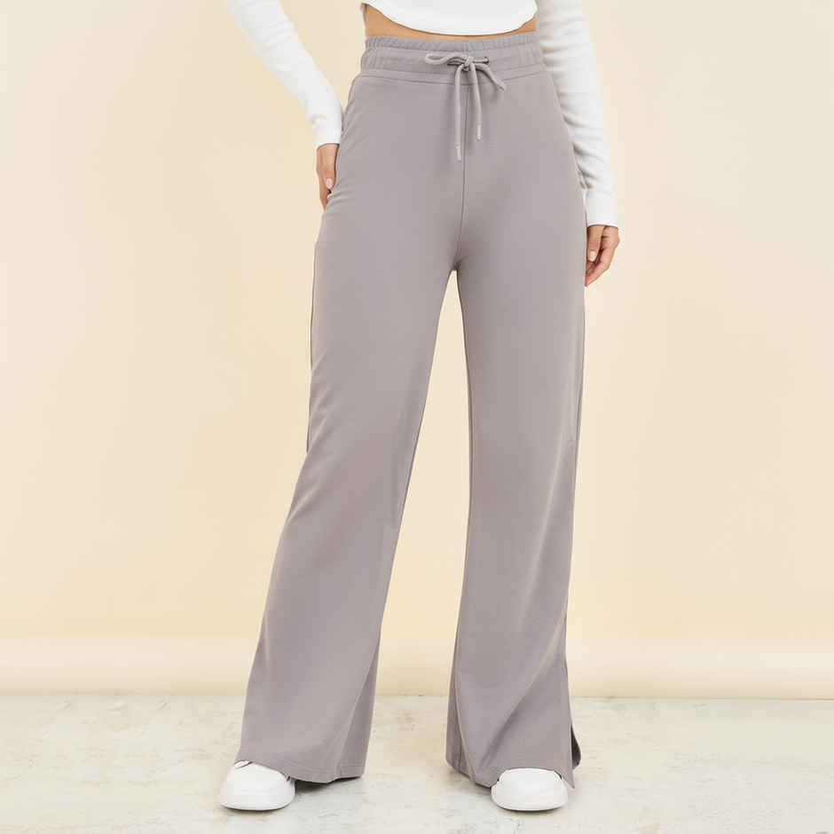 Styli Women's Slim Fit Joggers with French Terry Fabric and Hem Slit | Grey Melange - S