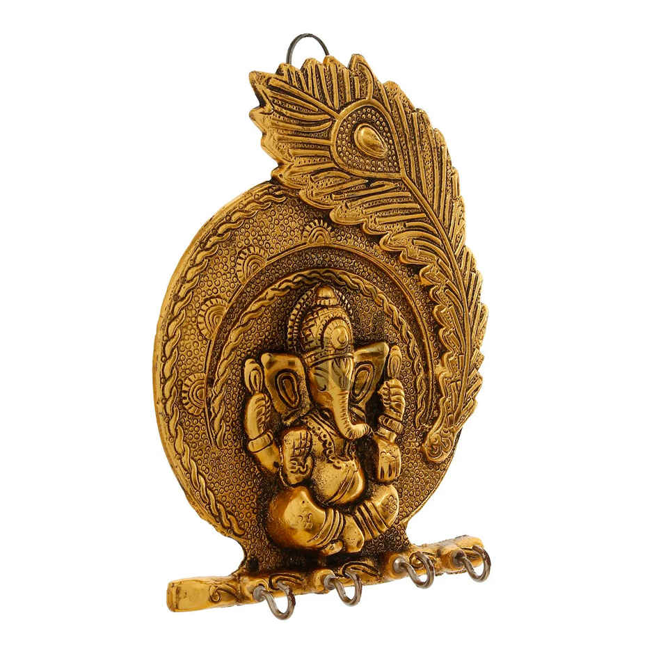 eCraftIndia Golden Metal Lord Ganesha And Peacock Feather Designer Key Holder With 4 Hooks For Wall