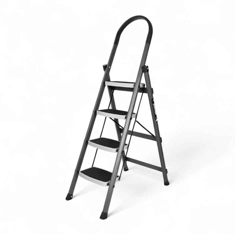 Plantex Foldable 4-Step Steel Ladder for Home with Anti-Skid Steps - Gray and White