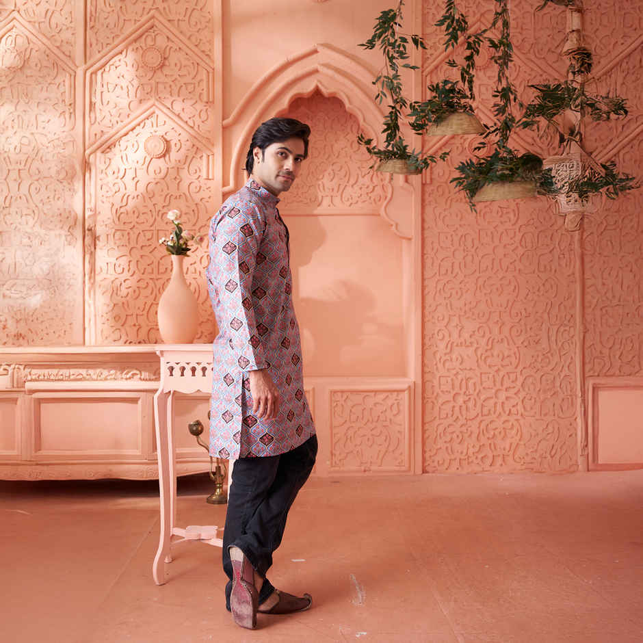 House Of Festivals Men's Printed Cotton Blend Long Kurta | Light Blue - M