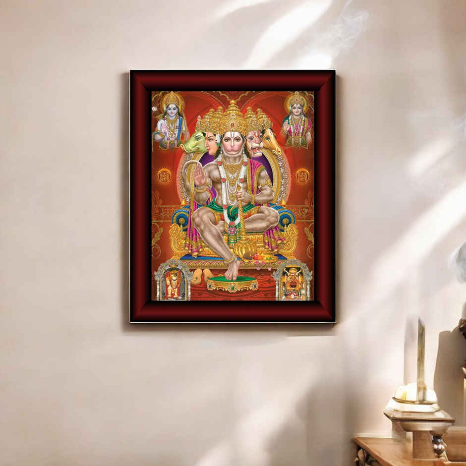Saf Panchmukhi Hanuman Uv Textured Effect Digital Reprint 13 Inch X 11 Inch Painting (With Frame)