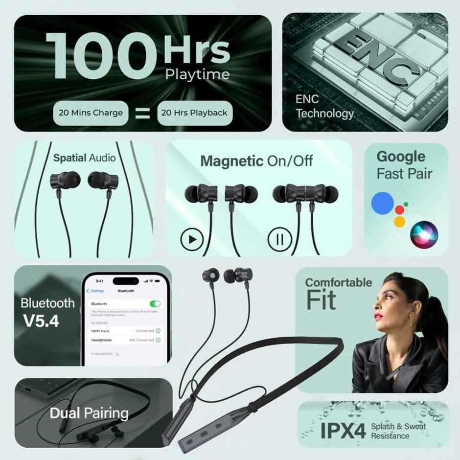 Aroma NB119 Trend -100 Hours Playback |Wireless Bluetooth Neckband | ENC | Black