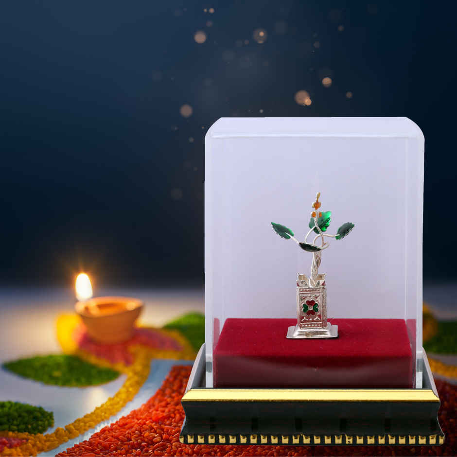 Sterling Silver Green Leaves Tulsi Plant | Silver Fire
