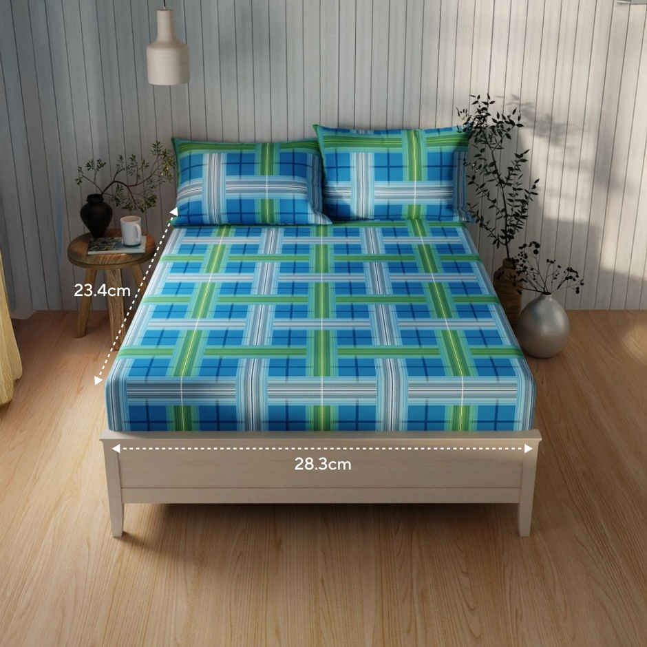 Kopa Extra Smooth Cotton Double Bedsheet With 2 Pillow Covers | Set of 3 | Lopez Checks - Blue