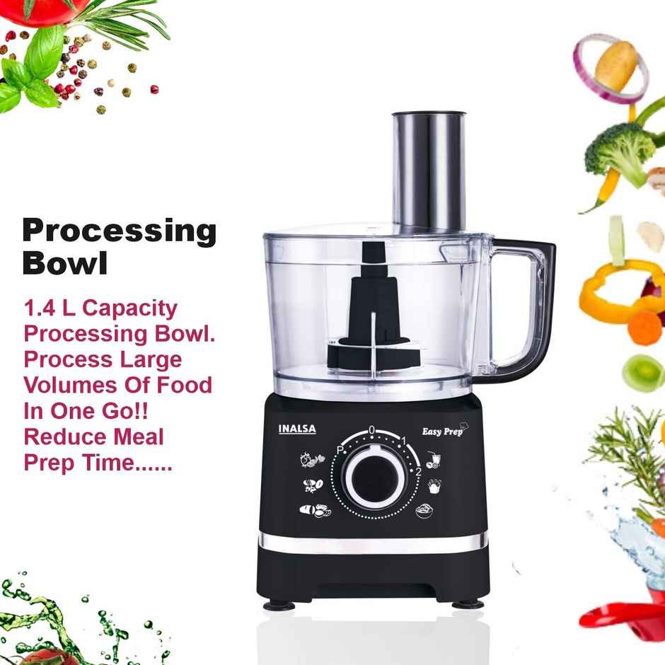 Inalsa Food Processor Easy Prep for Kitchen With 800 W Copper Motor|1.4 L Main Bowl 7 | Black