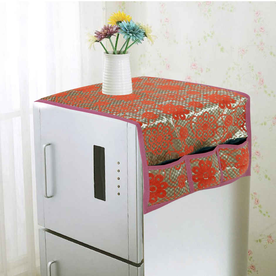 Homeharmony Red Floral Design Fridge Cover With Six Side Pockets