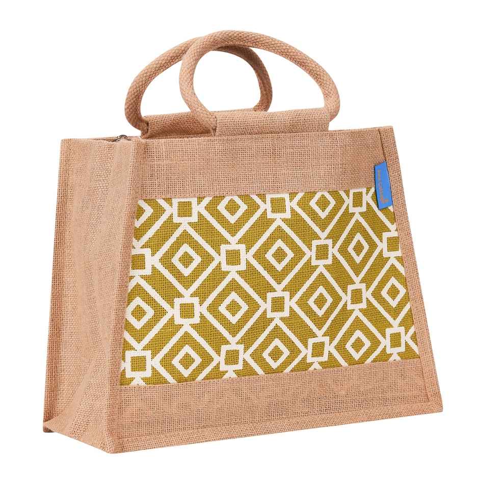 Jute Cottage Carry Bag - Taper Lunch Zipper Bag | Eco-friendly | Stylish | Green | 10 x 13 x 6