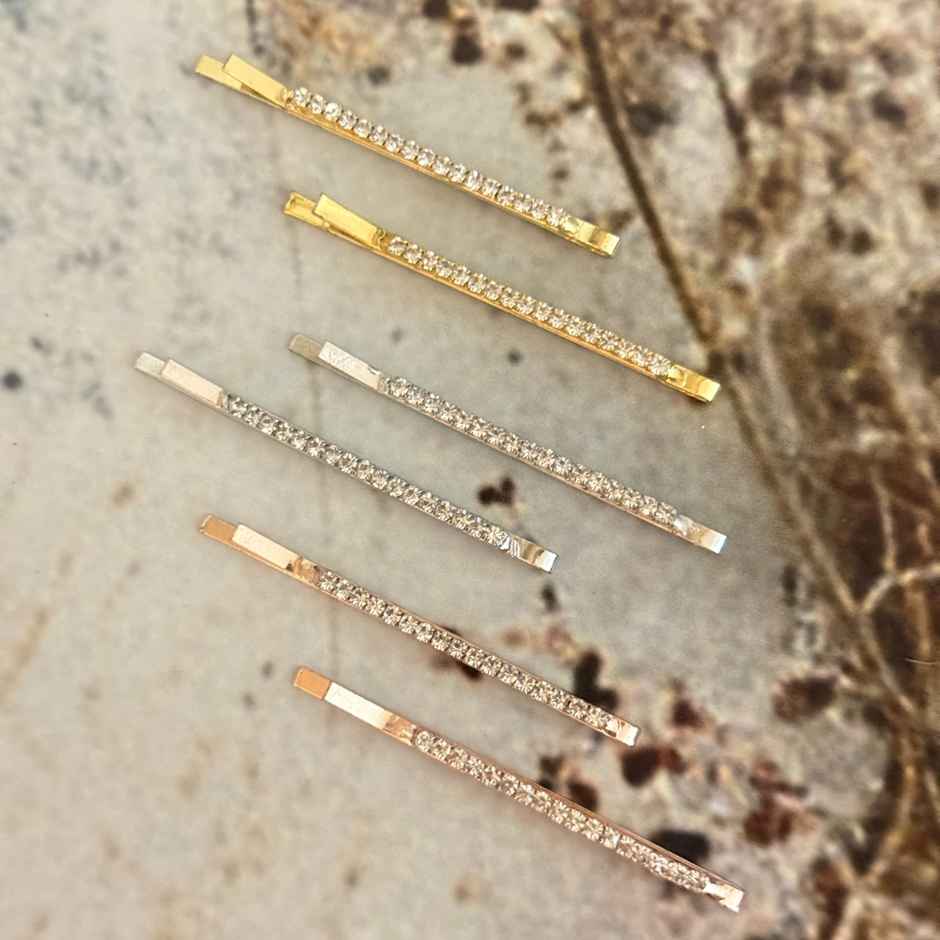 The Opal Factory | Diamante Hair Pin for Girls and Women | Set of 3 Pairs | Gold Silver Rosegold