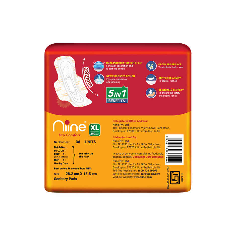 Niine Dry Comfort XL Sanitary Pads | with Quick Absorption | 36 Pads 