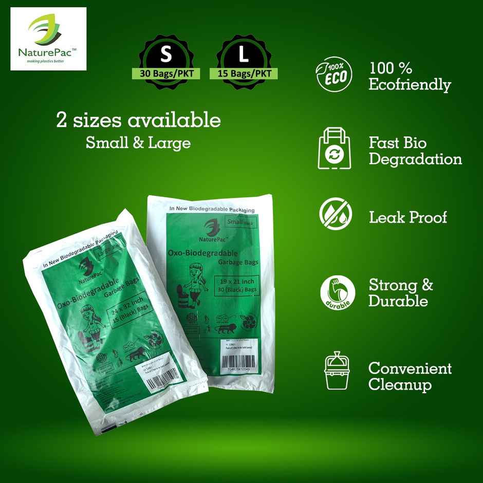 Naturepac Garbage Bag | Large | Green | Biodegradable | 24 x 32 inches | 30 pcs | Pack of 2