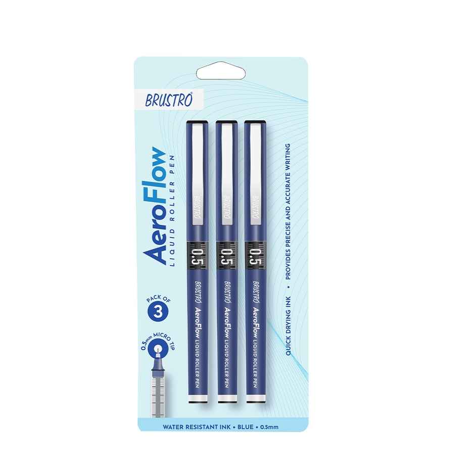 Brustro Aeroflow Liquid Ink Rollerball Pens 0.5 Micro Tip Pack Of 3 | Blue Ink
