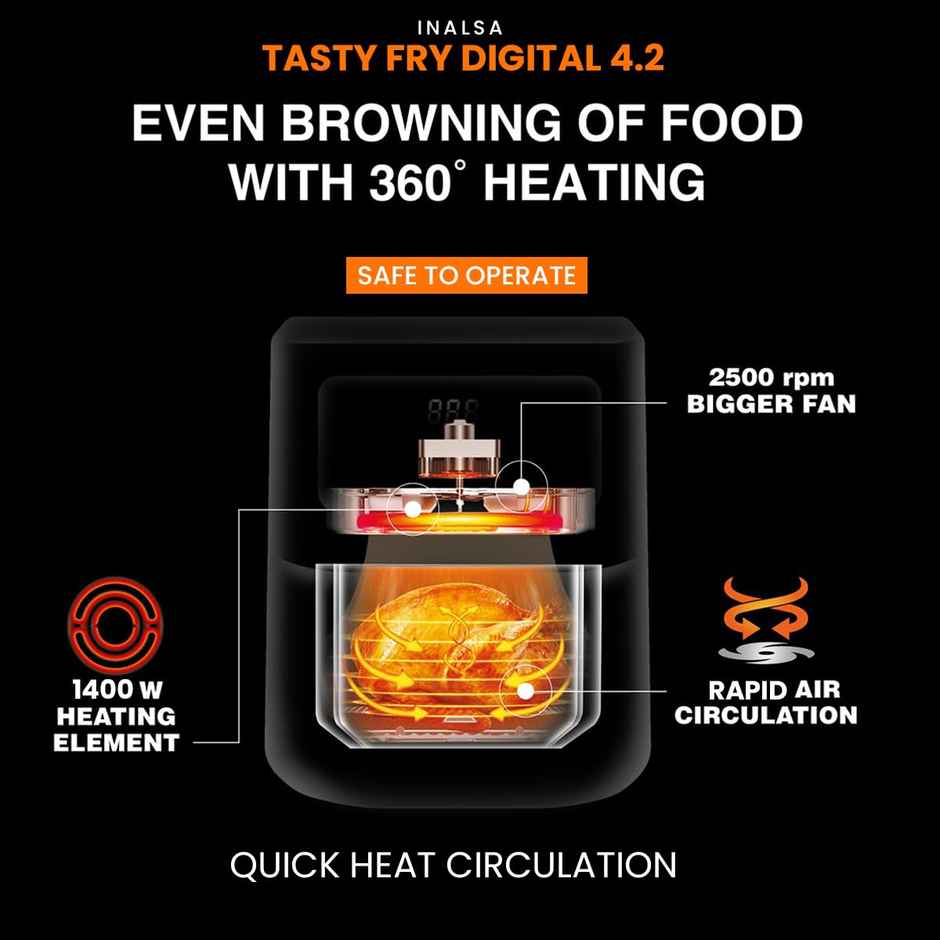 INALSA Air Fryer 1400 W Tasty Fry DW 4.2 ltr ,Air-Fryer with Window Display,8 Preset & Digital