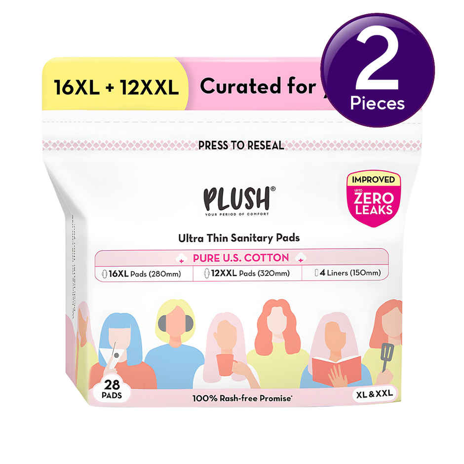 Plush Ultra Thin 16 XL + 12 XXL Sanitary Pads | Resealable Pack | Super Saver Combo