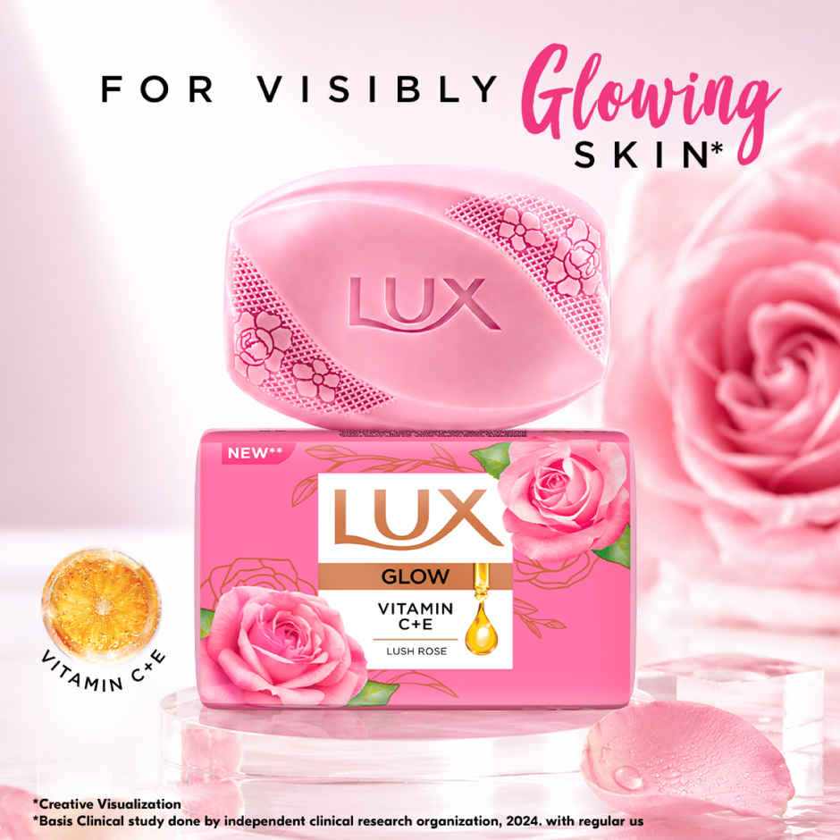 LUX Lush Rose Glowing Bathing Soap Bar with Vitamin C & E For Visibly Glowing Skin