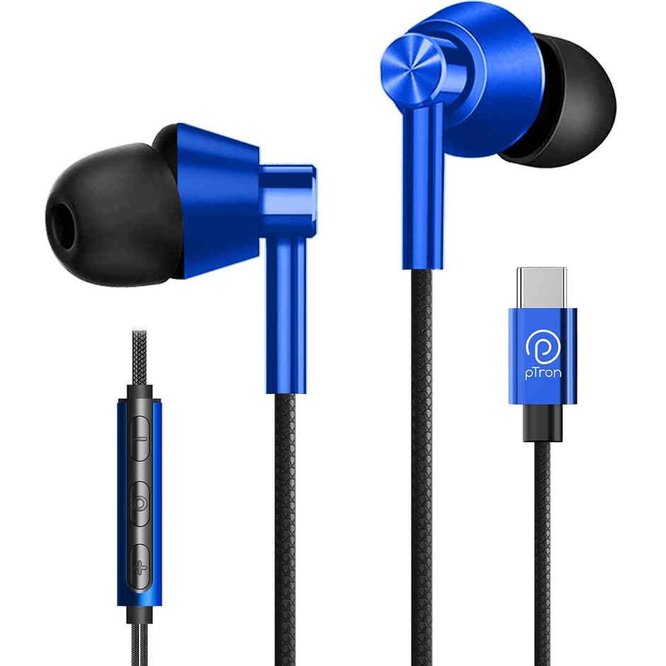 pTron Boom Play Type-C Wired Earphones Stereo Sound In-Line Mic Metal Buds 1.2M Long - Blue