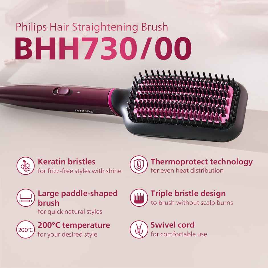 Philips India's No.1 Hair Styling Brand -Hair Straightener Brush|5X less Frizz - 5 mins,BHH730 Wine
