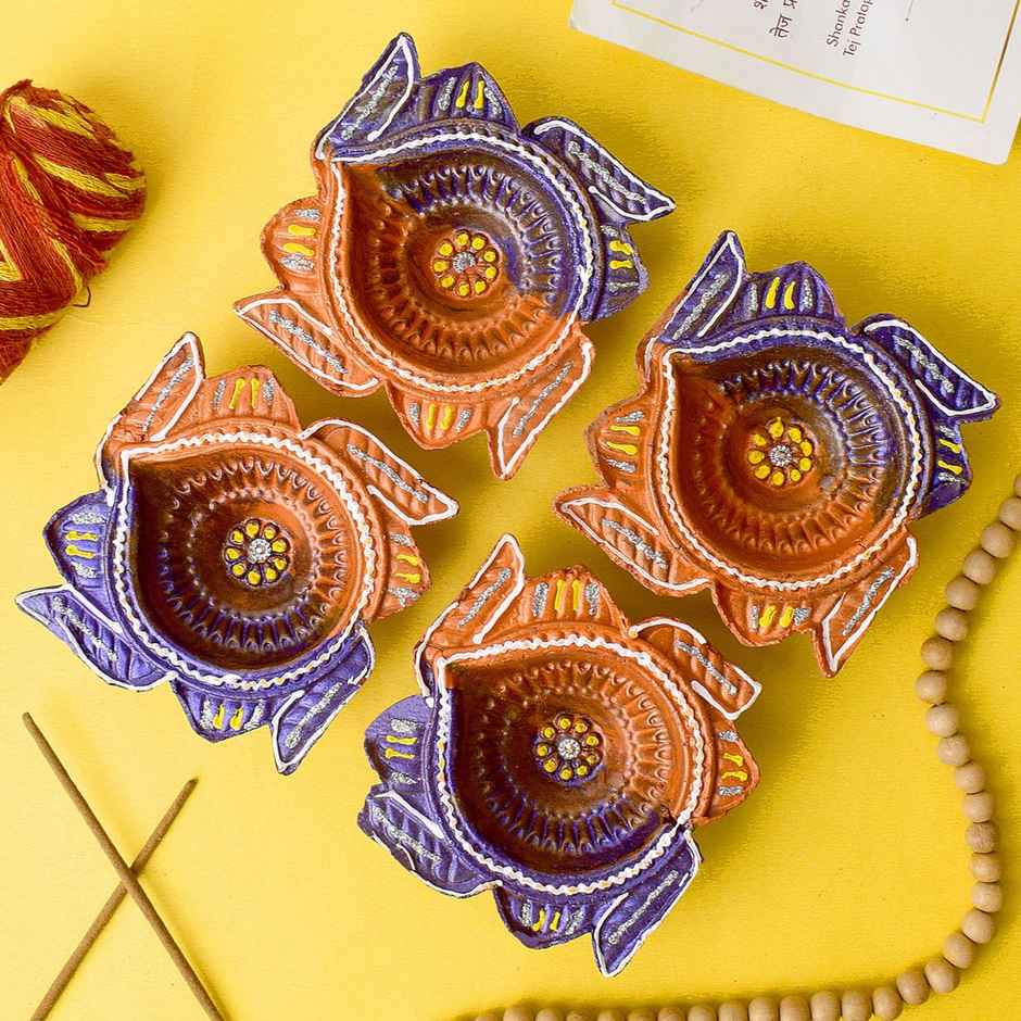 Designer Multicolor Clay Diya | Pack of 4 | Satvik