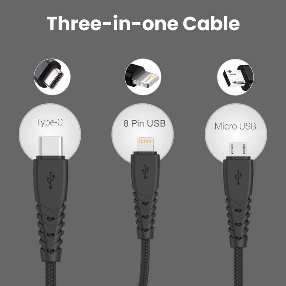 Portronics Konnect A Trio 3-In-1 USB Cable, (Compatible with Smartphones, Laptop, Tablet) - Black