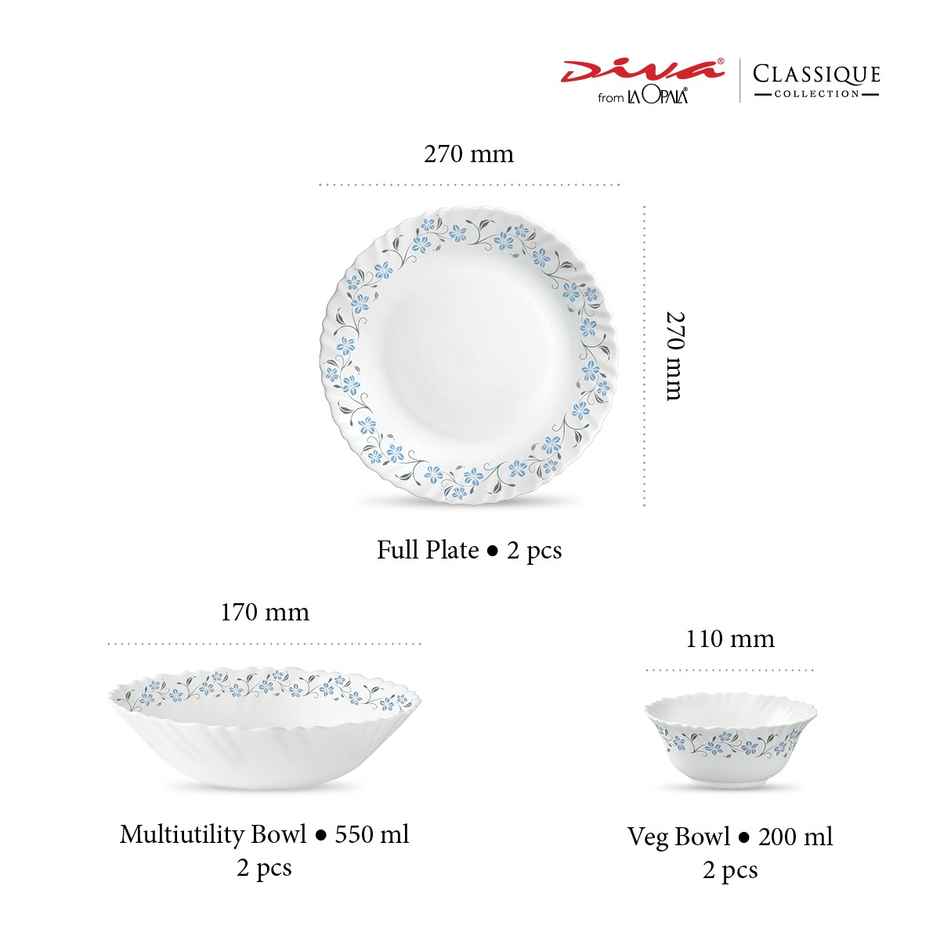La Opala Diva Classique Dinner Set | Opal Glass Crockery for Dining | 6 Pcs - Grace Blue