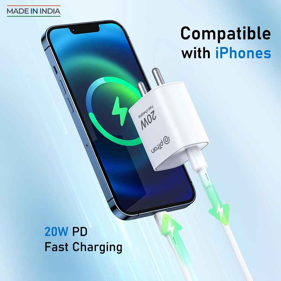 pTron 20W Apple Charger Volta FC18 Type-C/PD Fast Charger Comp. with iPhone 14/13/12/11/X/8 - White