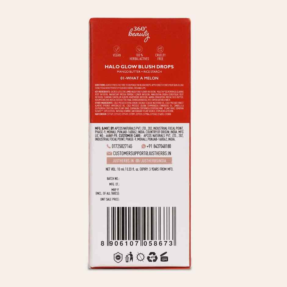 Just Herbs Halo Glow Liquid Dewy Radiance Pigmented Long Stay Blush Drops (What A Melon)