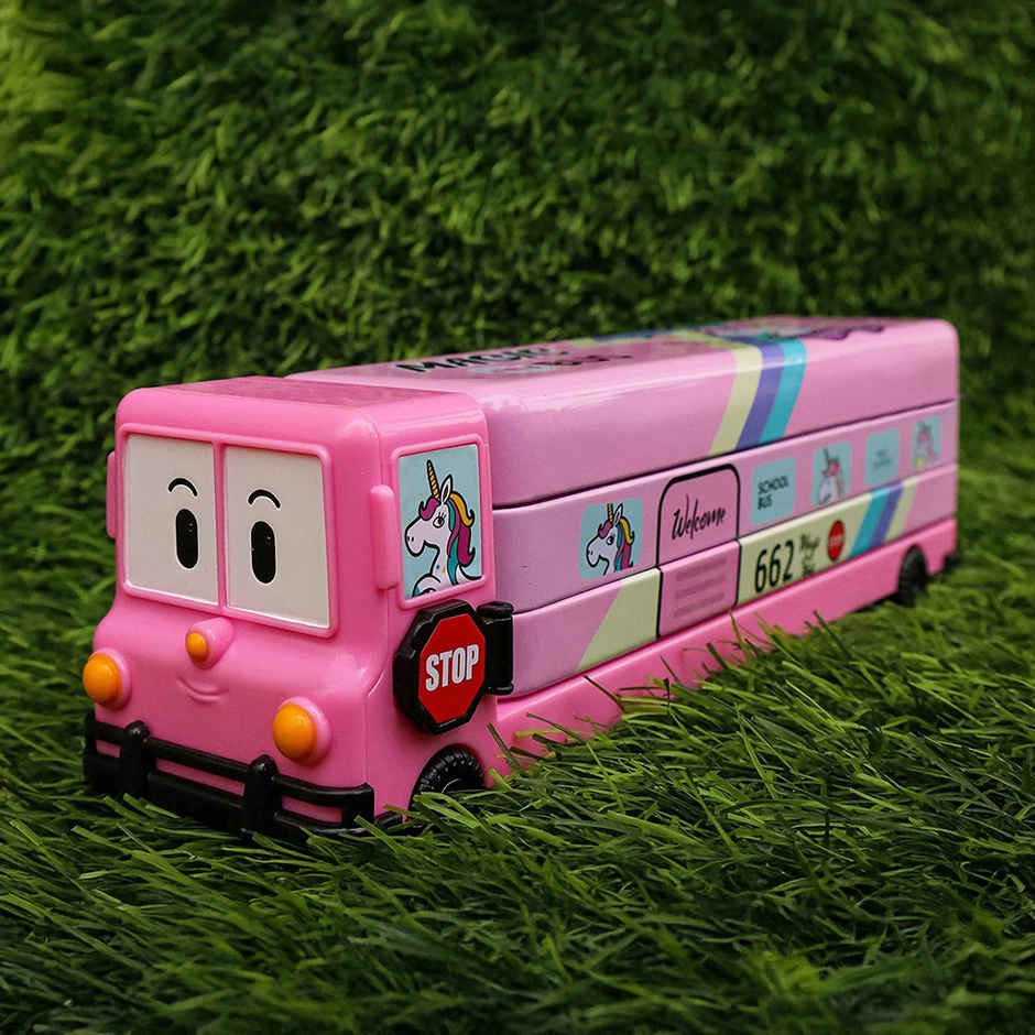 Toyshine Cartoon Printed School Bus Metal Pencil Box With Moving Tyres And Sharpener For Kids - Pink