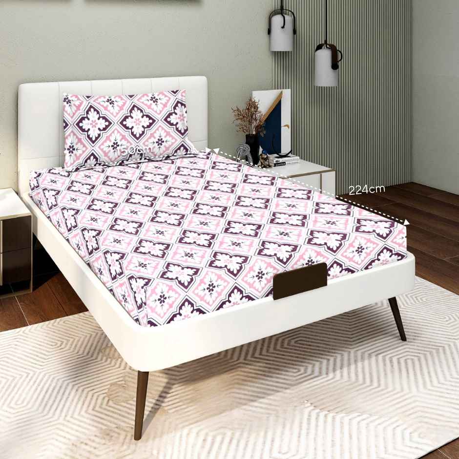 BAY6 Single 110 GSM Microfibre Ethnic Bedsheet | With 1 Pillow Cover | Pink | 59 x 88 in
