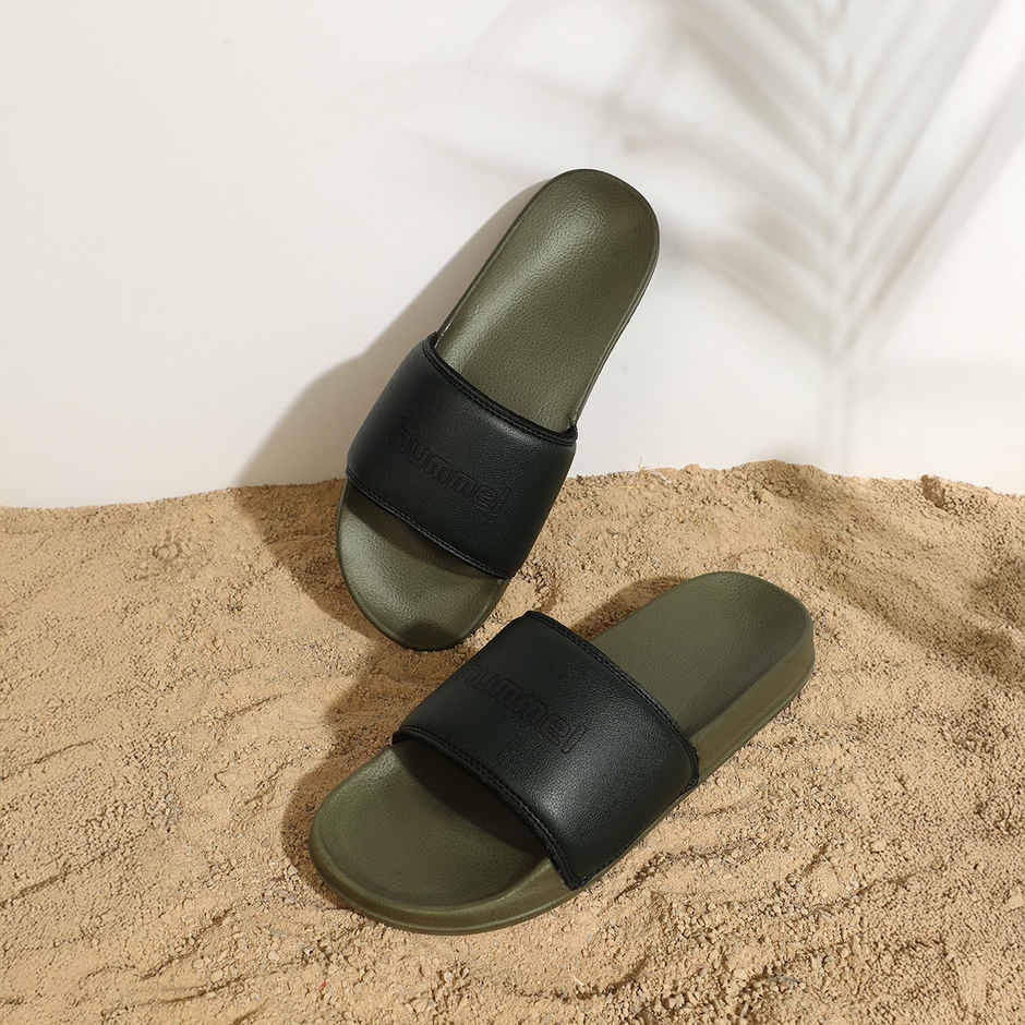 hummel Classic lightweight slides for Men with Cushioned Sole and Arch Support | Green & Black | 10