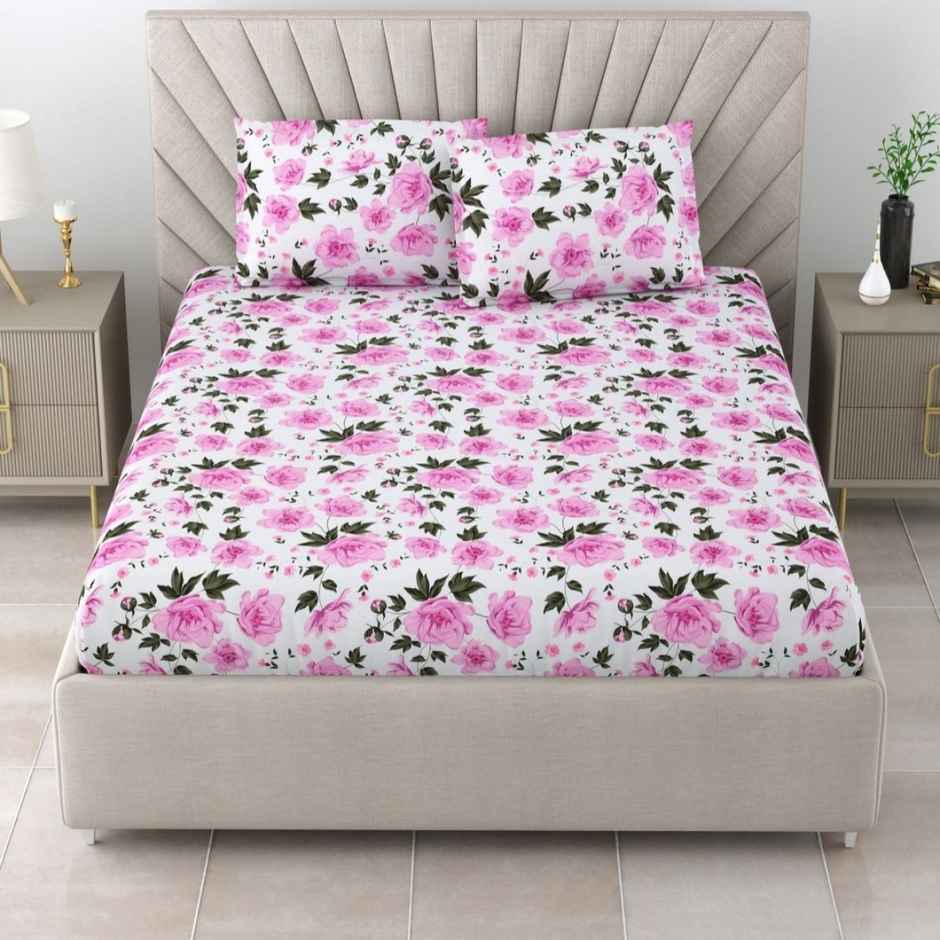 Bombay Dyeing Epigram 120 TC 100% Cotton Floral Pink Super King Size Bedsheet with 2 Pillow Covers
