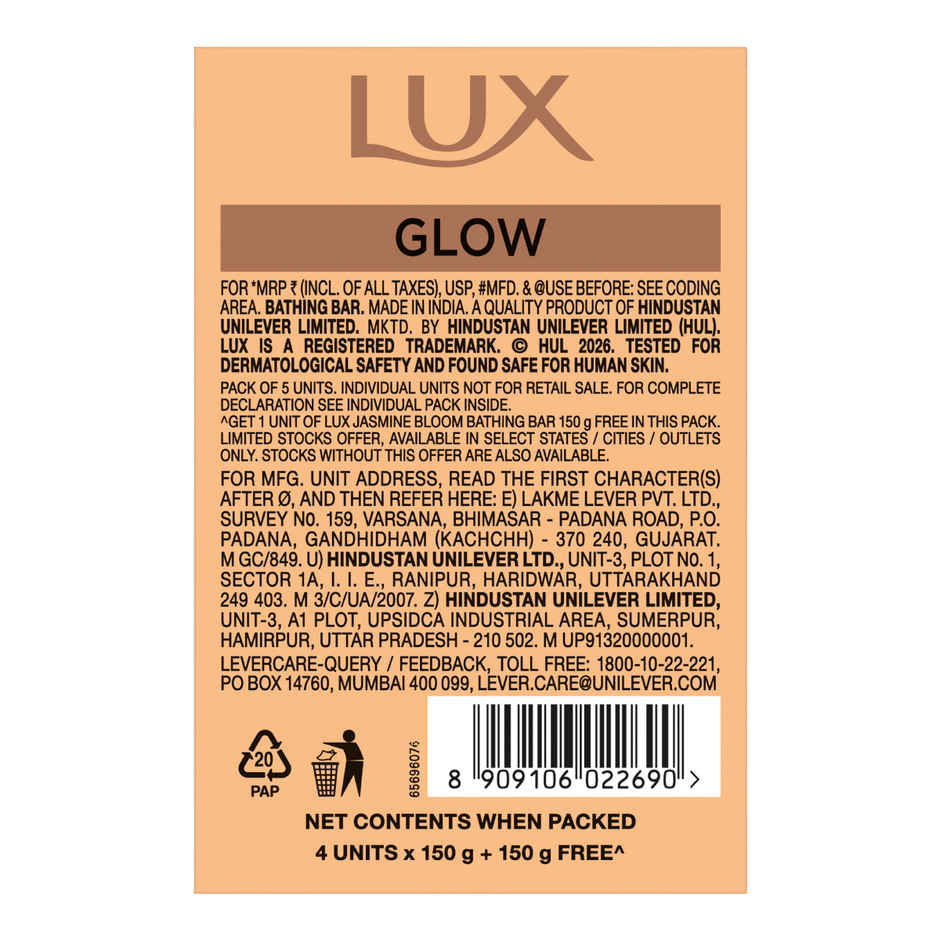 LUX Jasmine Bloom Glowing Bathing Soap Bar with Vitamin C & E For Visibly Glowing Skin